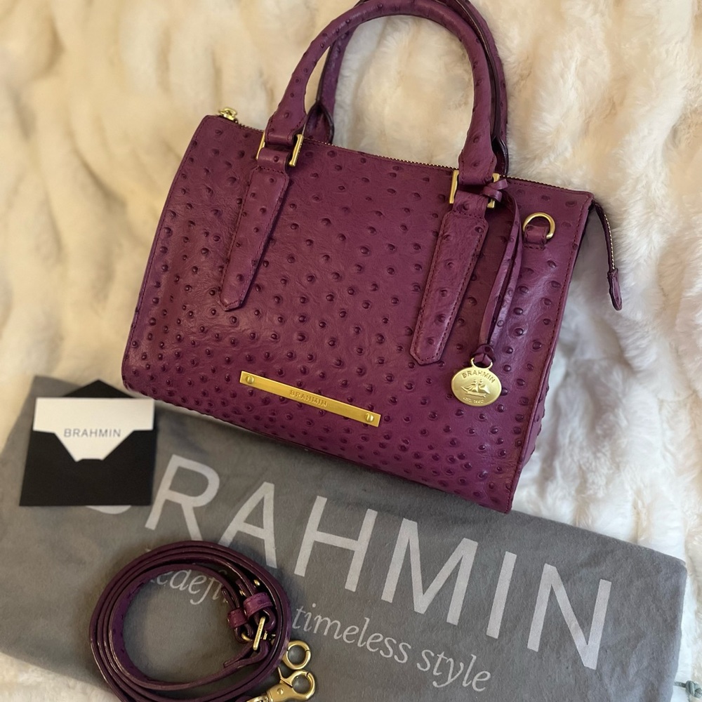 EUC BRAHMIN Ostrich Leather Mulberry Anywhere Satchel/Crossbody.  Gorgeous!